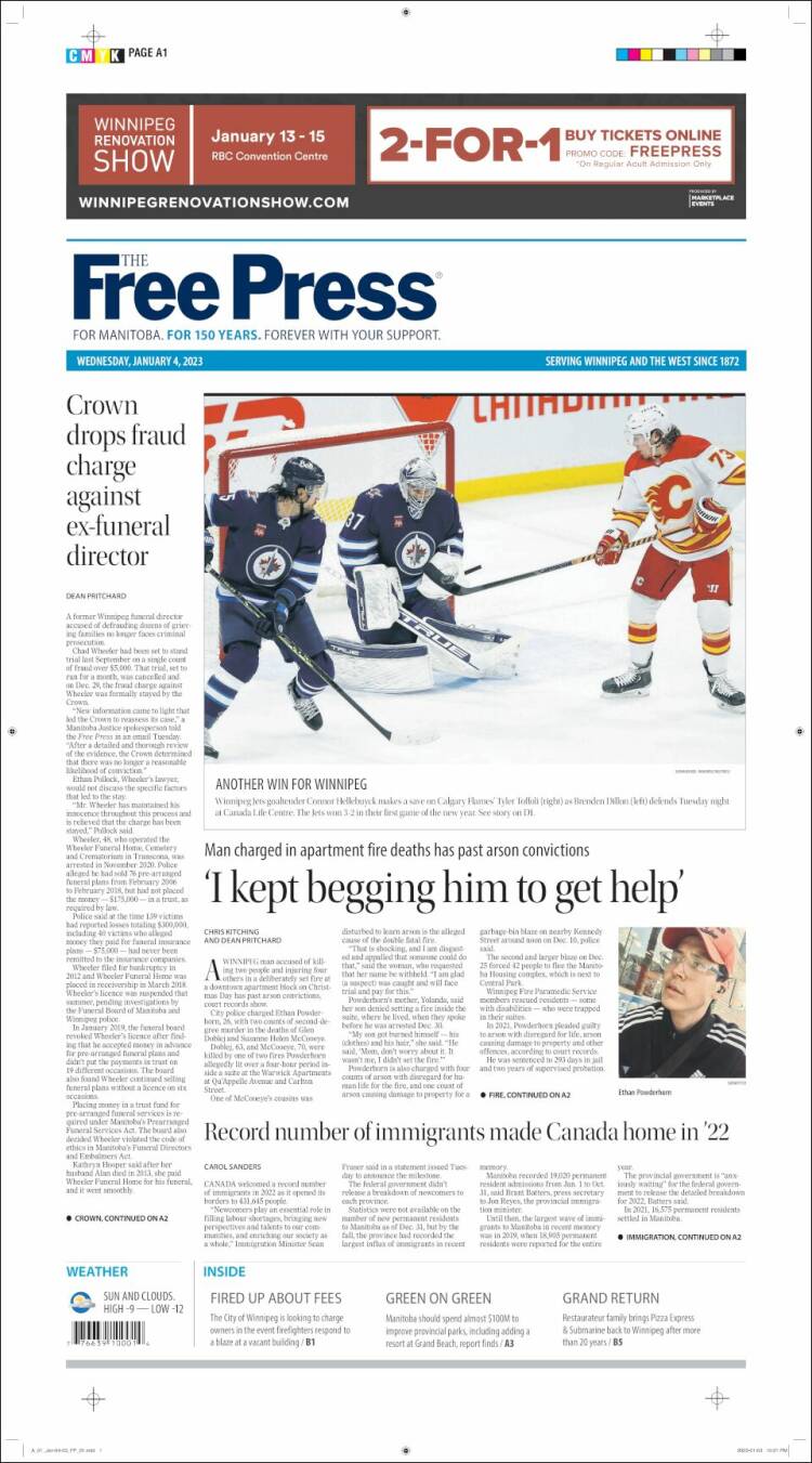 Portada de Winnipeg Free Press (Canadá)