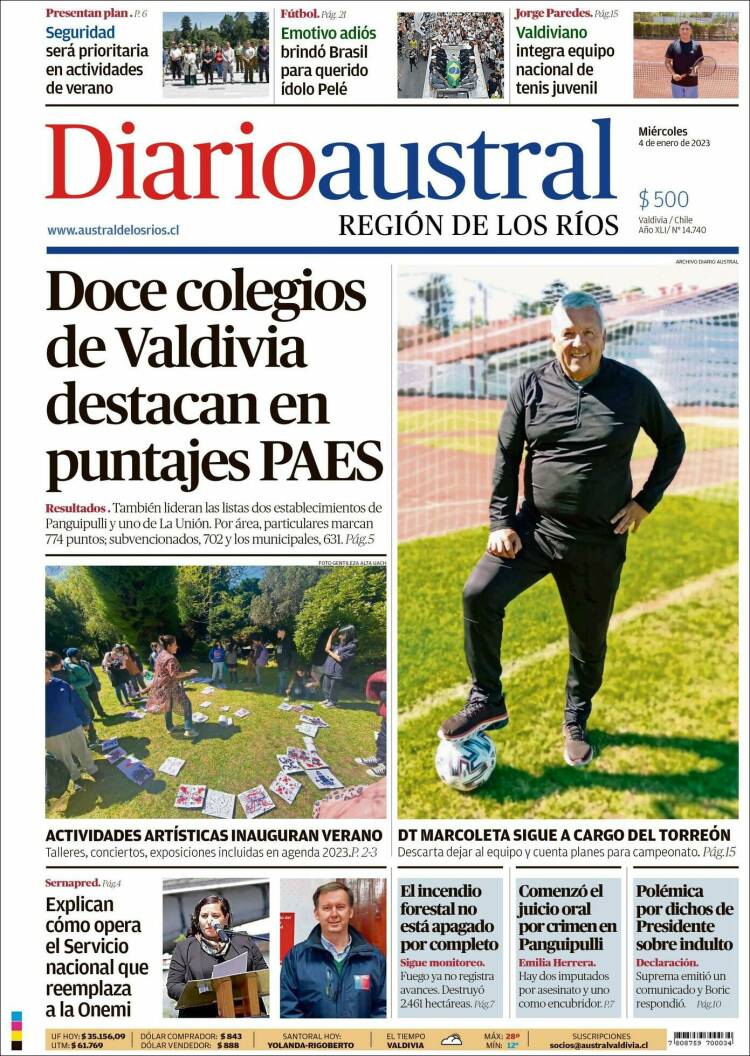 Portada de El Diario Austral de Valdivia (Chile)