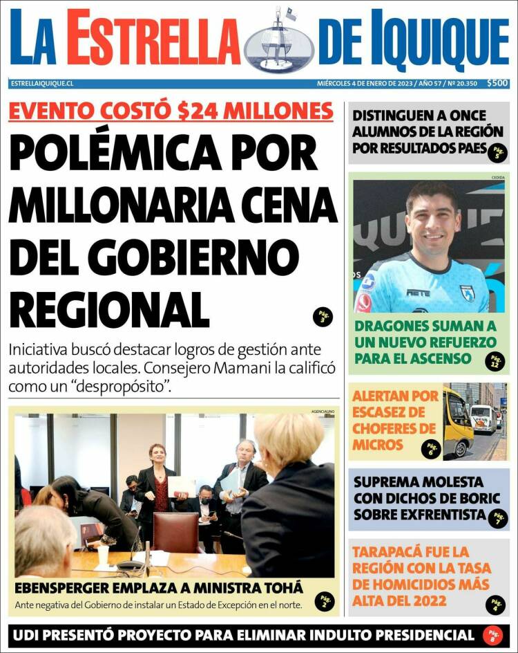 Portada de La Estrella de Iquique (Chile)