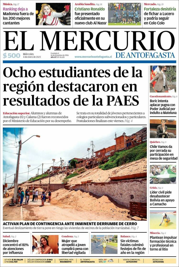 Portada de El Mercurio de Antofagasta (Chile)