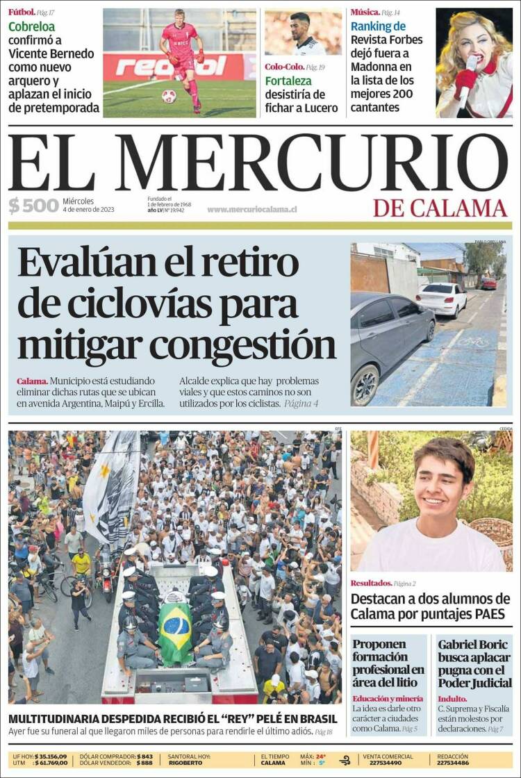 Portada de El Mercurio - Calama (Chile)