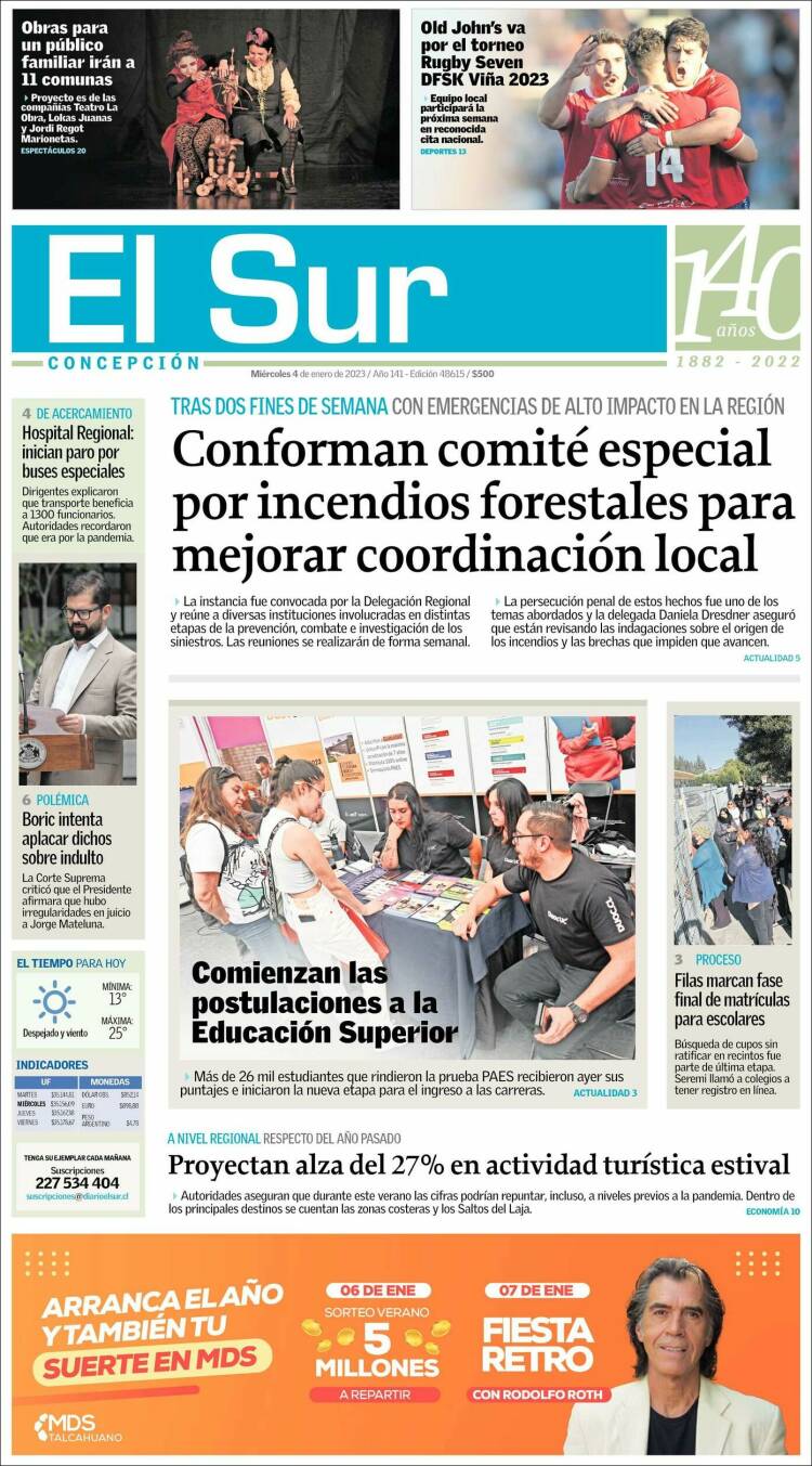 Portada de El Sur (Chile)