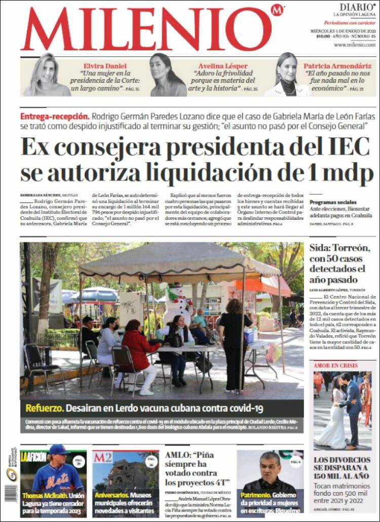 Portada de Milenio - Laguna (México)