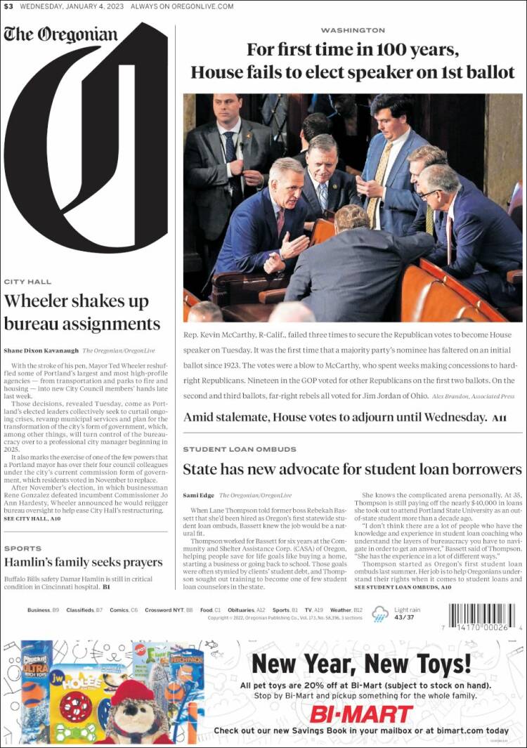 Portada de The Oregonian (USA)