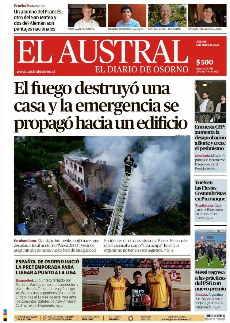 Portada de El Austral de Osorno (Chile)