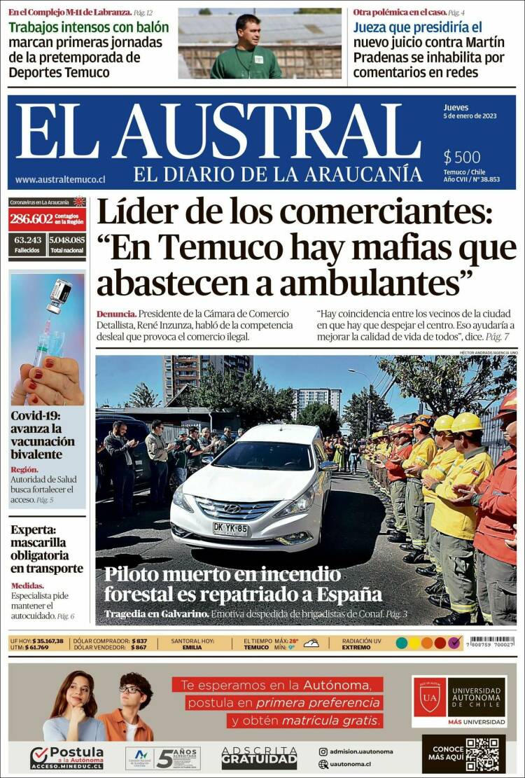 Portada de El Austral de Temuco (Chile)