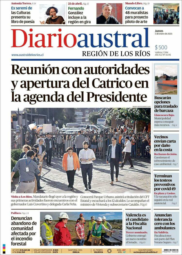Portada de El Diario Austral de Valdivia (Chile)