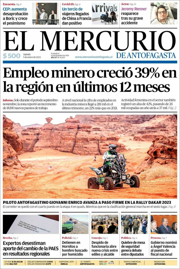 Portada de El Mercurio de Antofagasta (Chile)