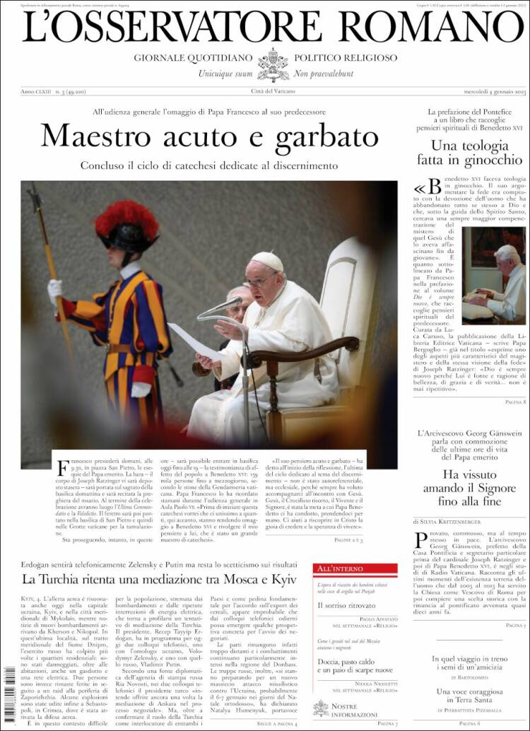 Portada de L'Osservatore Romano (Italia)
