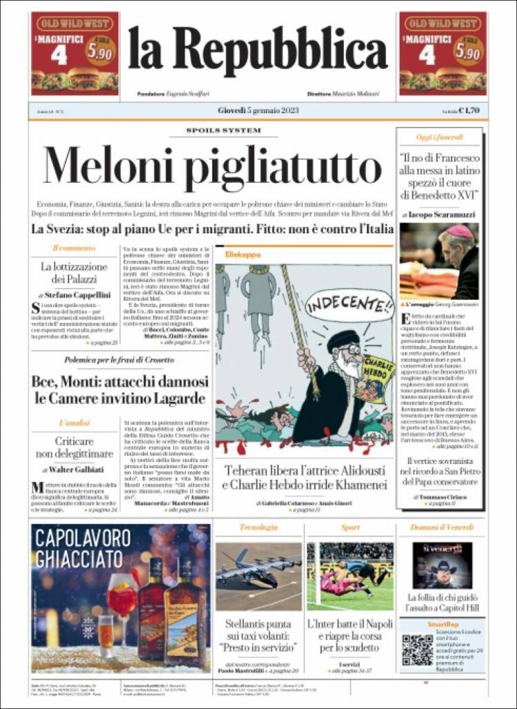 Portada de La Repubblica (Italia)