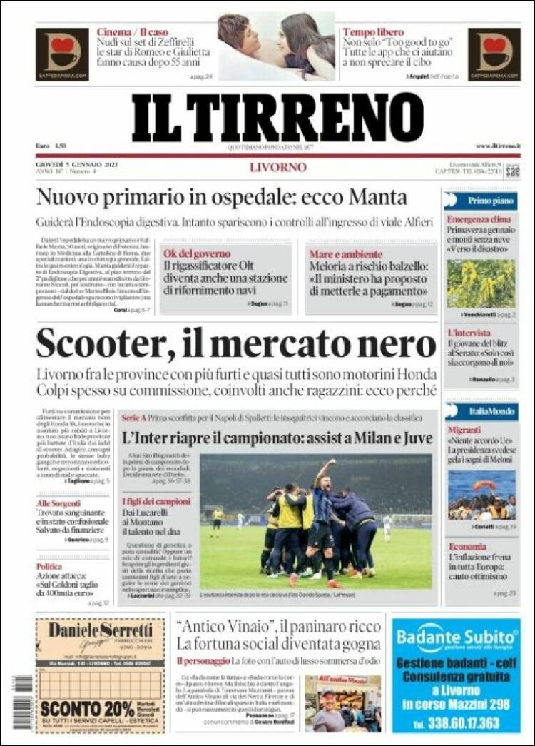 Portada de Il Tirreno (Italia)