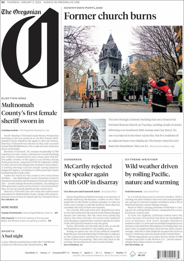 Portada de The Oregonian (USA)