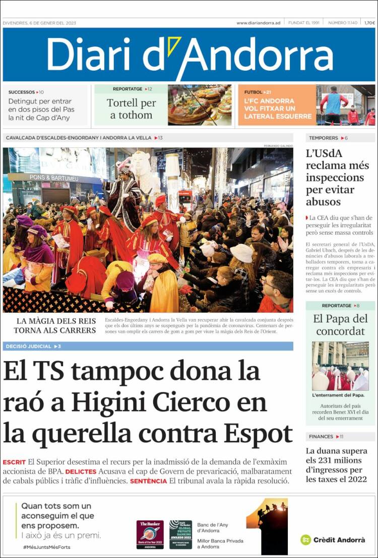 Portada de Diari d’Andorra (Andorra)