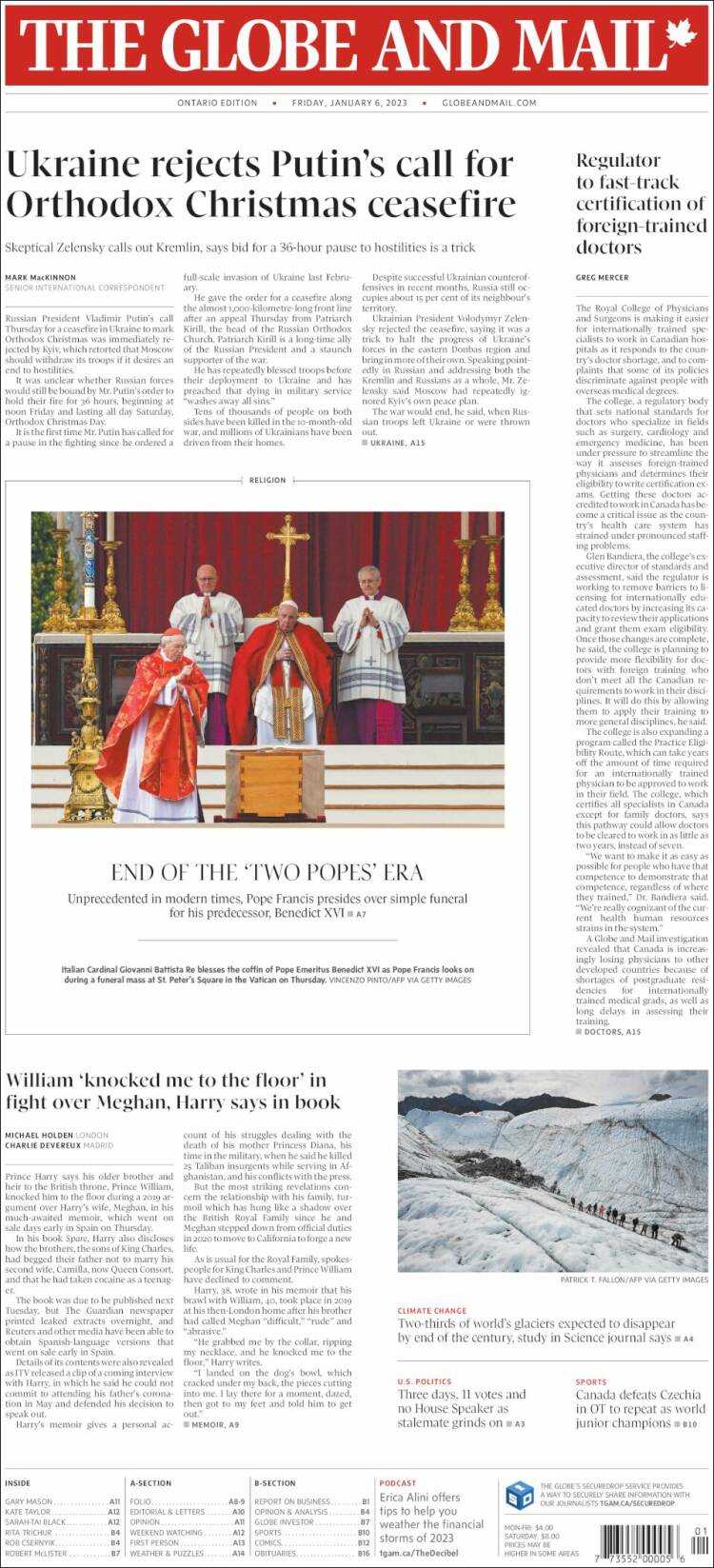 Portada de The Globe and Mail (Canada)