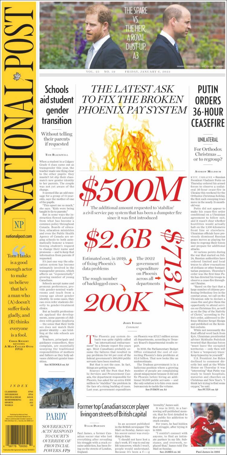 Portada de The National Post (Canada)