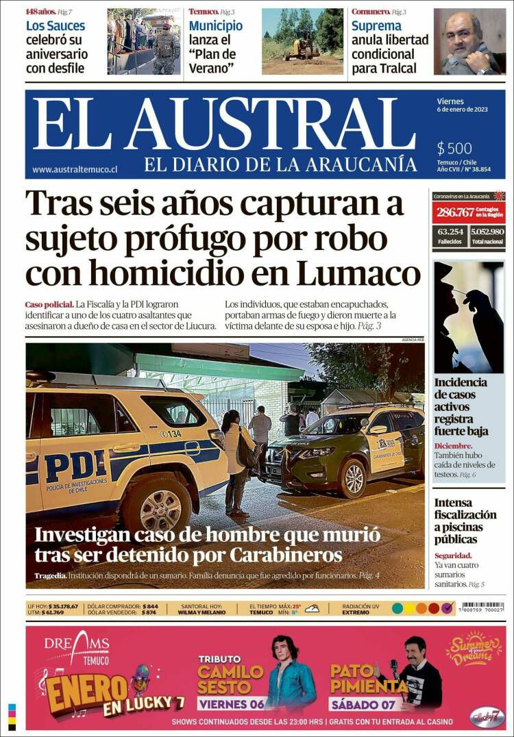Portada de El Austral de Temuco (Chile)
