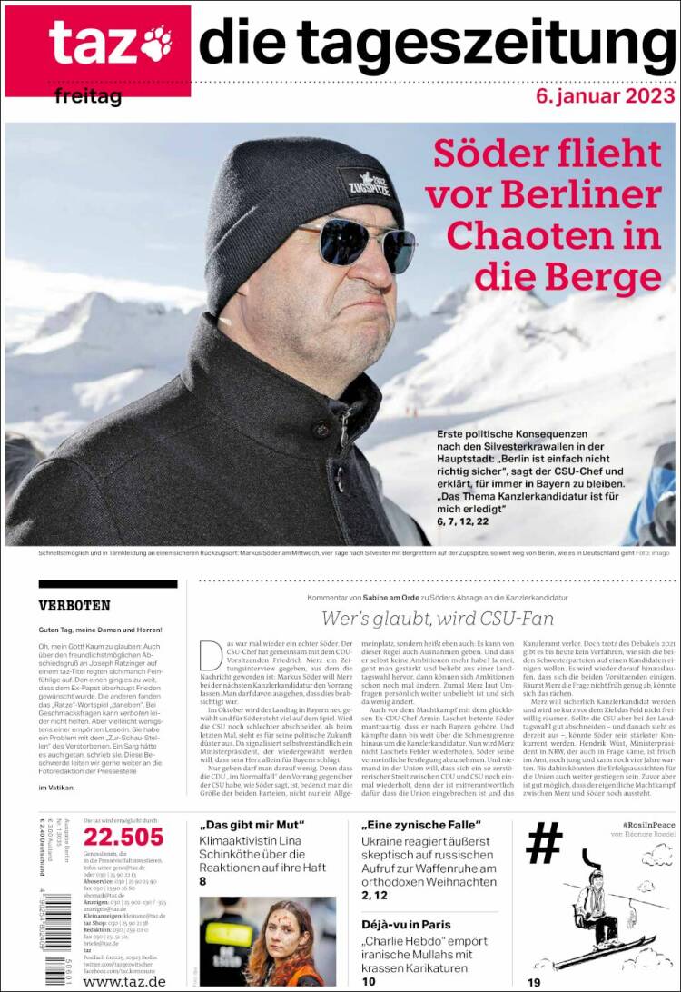 Portada de Die Tageszeitung (Alemania)