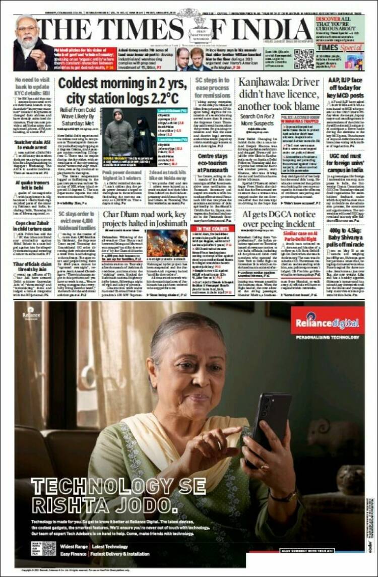 Portada de The Times of India (India)