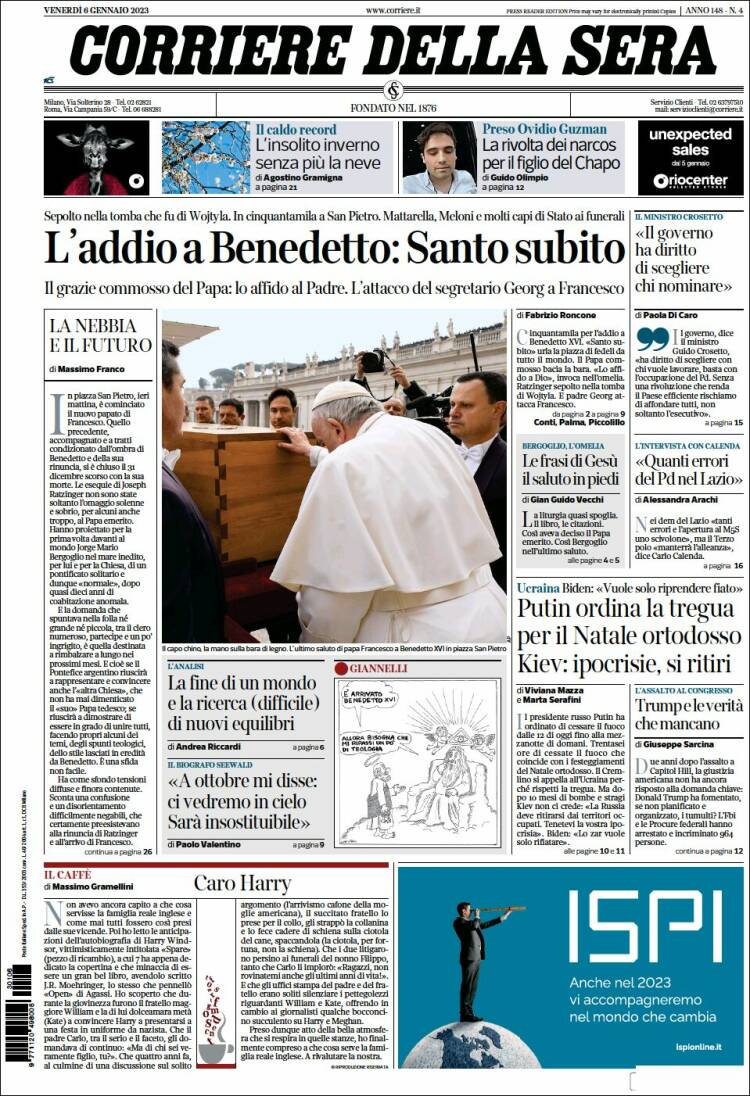 Portada de Corriere della Sera (Italia)
