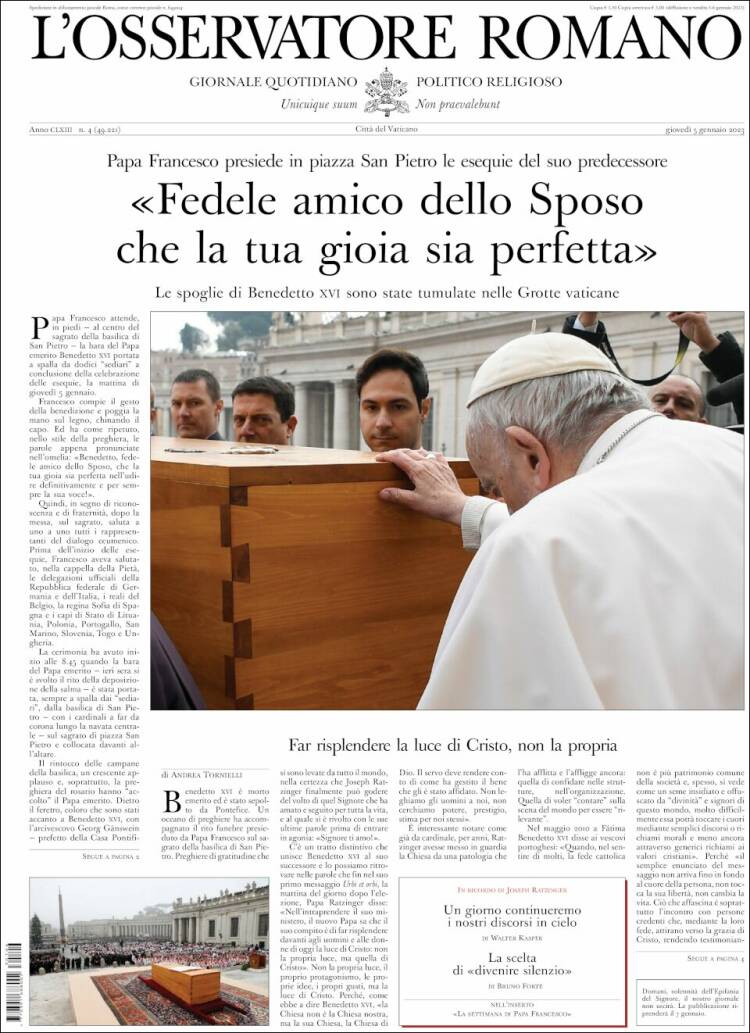 Portada de L'Osservatore Romano (Italia)