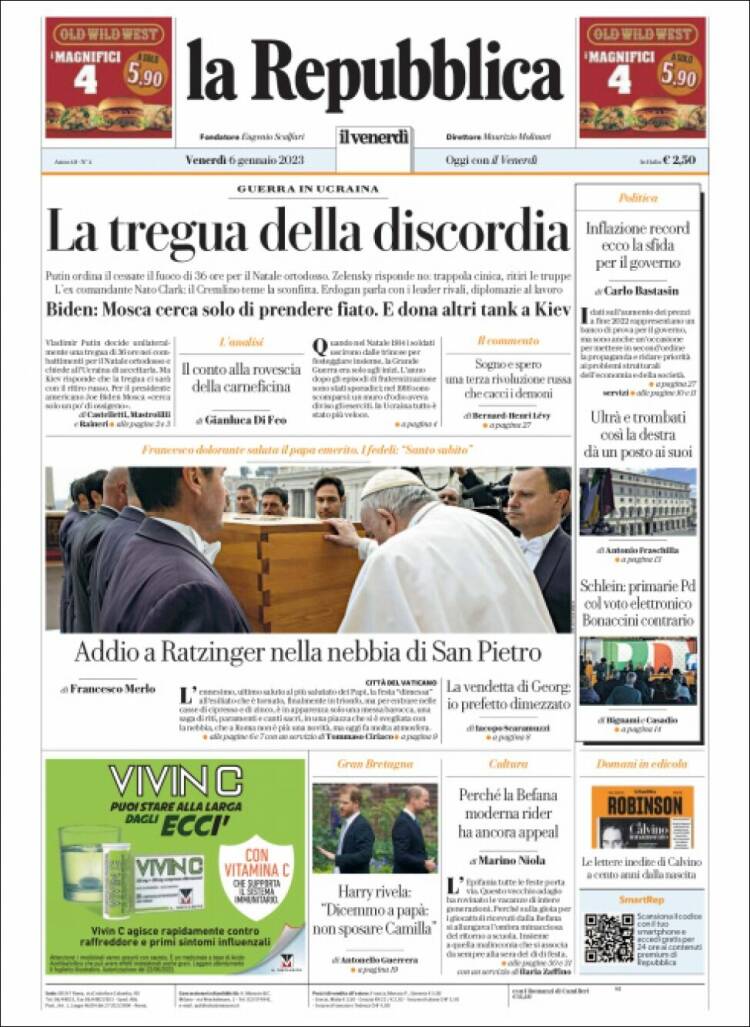 Portada de La Repubblica (Italia)
