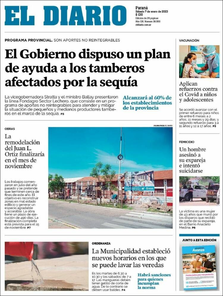 Portada de El Diario de Paraná (Argentina)