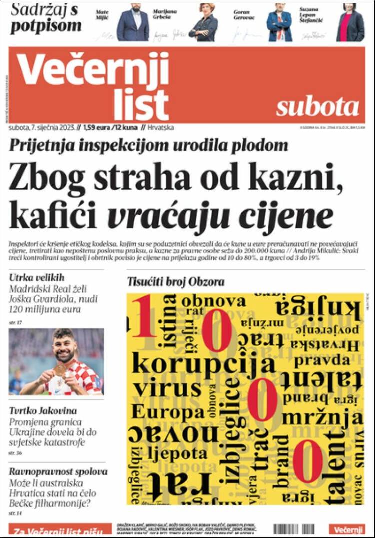 Portada de Večernji (Croacia)