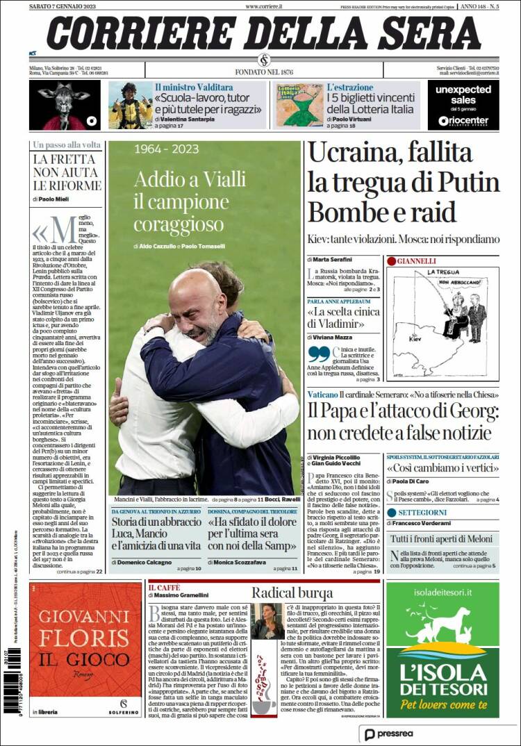 Portada de Corriere della Sera (Italia)