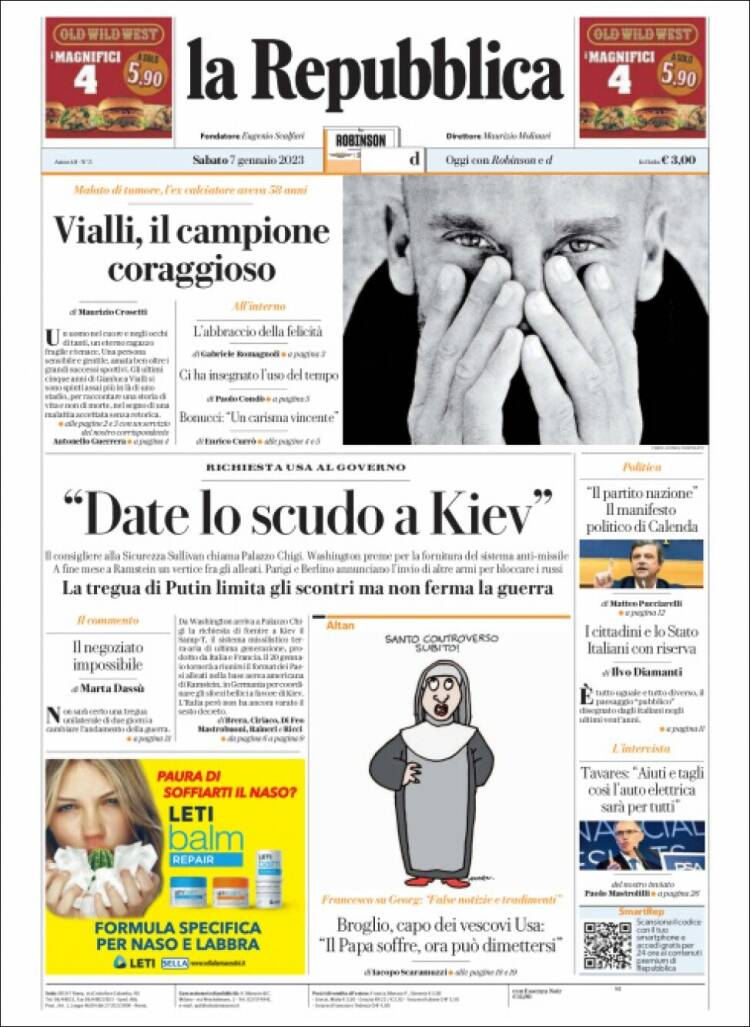 Portada de La Repubblica (Italia)