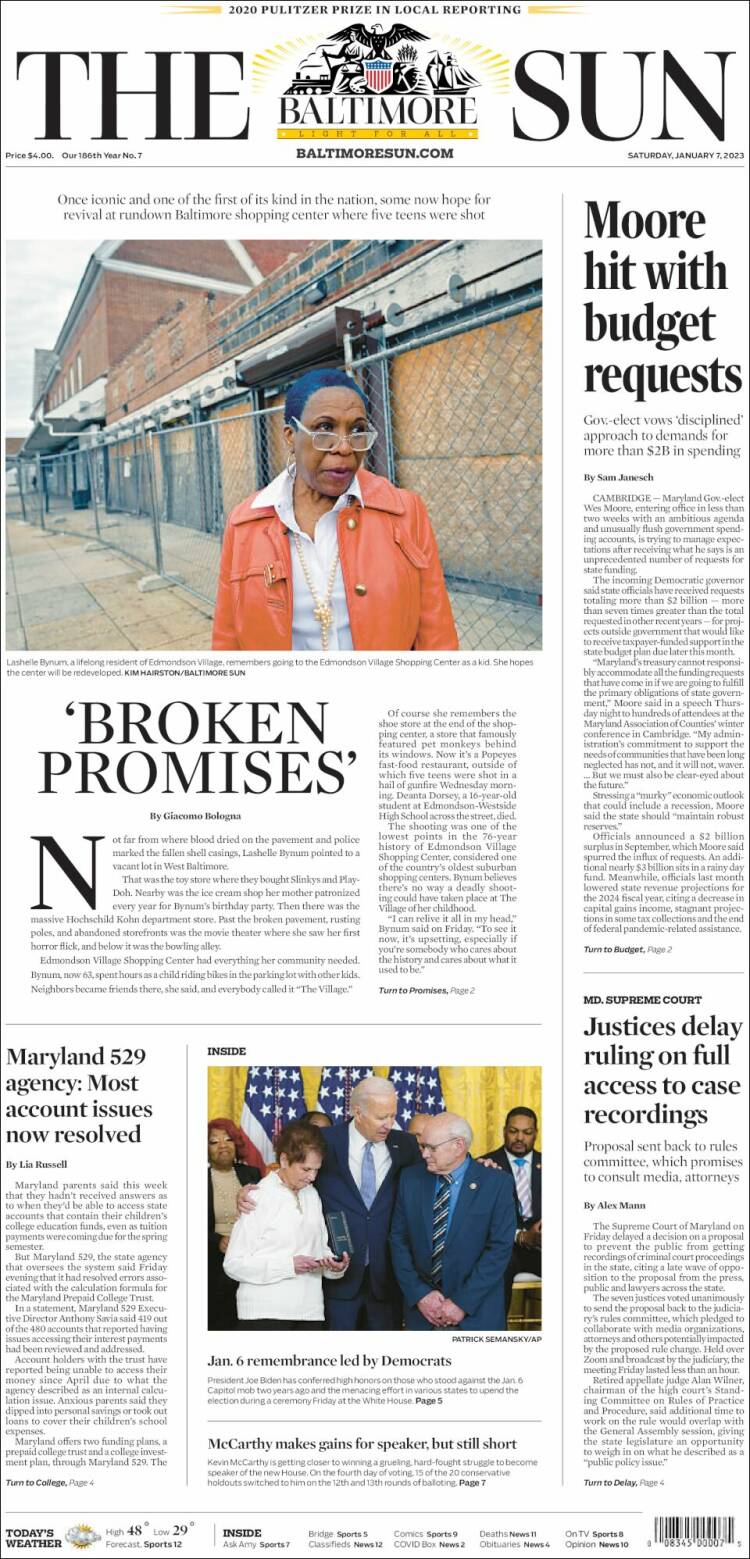 Portada de The Baltimore Sun (États-Unis)