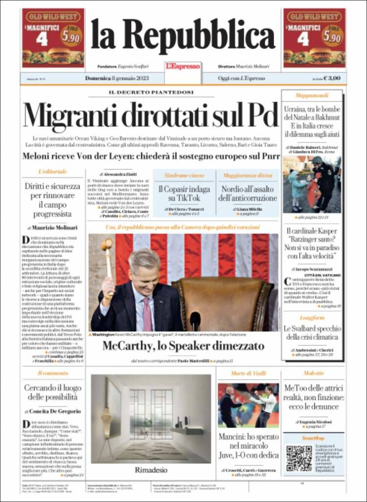 Portada de La Repubblica (Italia)