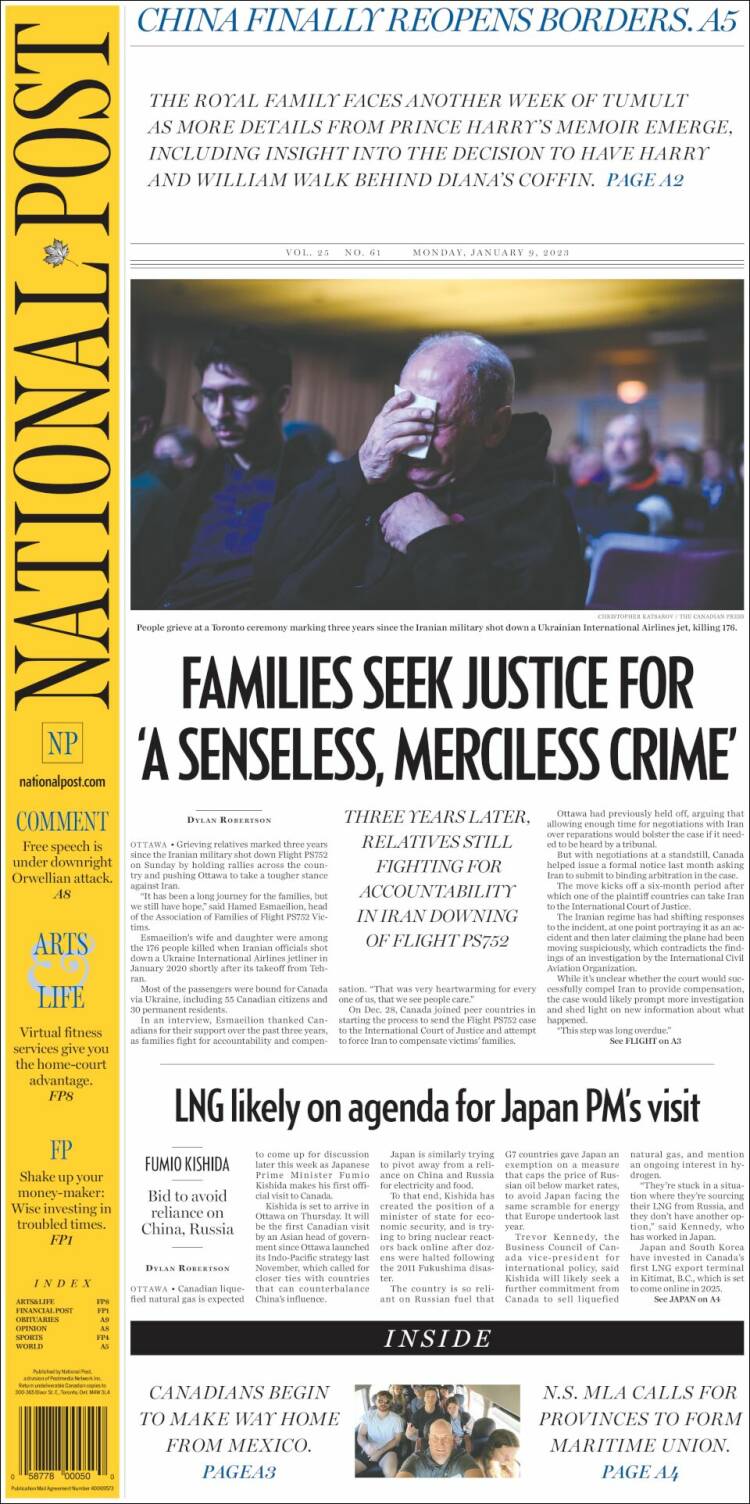 Portada de The National Post (Canadá)