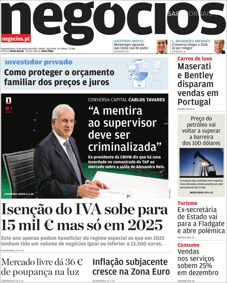 Portada de Jornal de Negócios (Portugal)