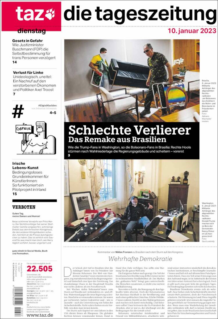 Portada de Die Tageszeitung (Alemania)