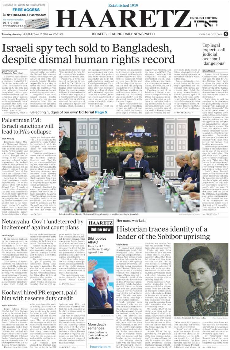 Portada de Haaretz (Israel)