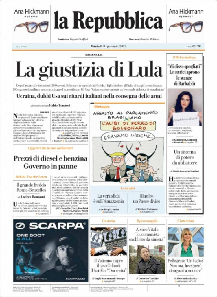 Portada de La Repubblica (Italia)