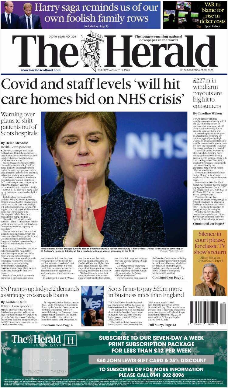 Portada de The Herald (Reino Unido)