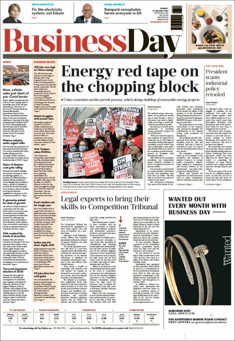 Portada de Business Day (Sud&aacute;frica)