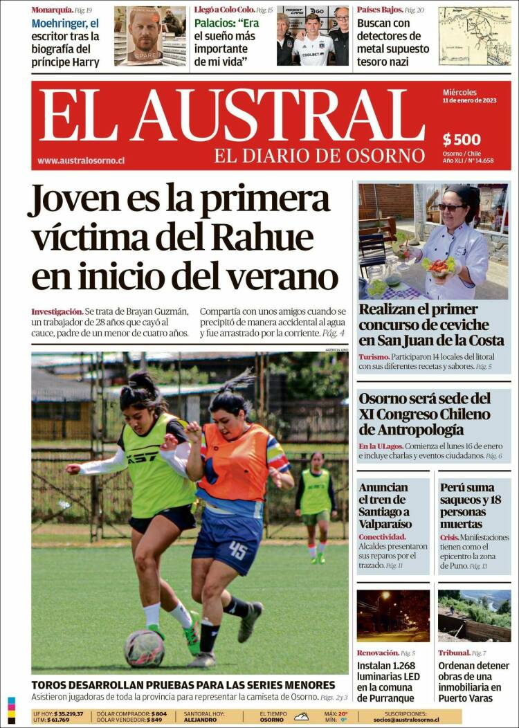 Portada de El Austral de Osorno (Chile)