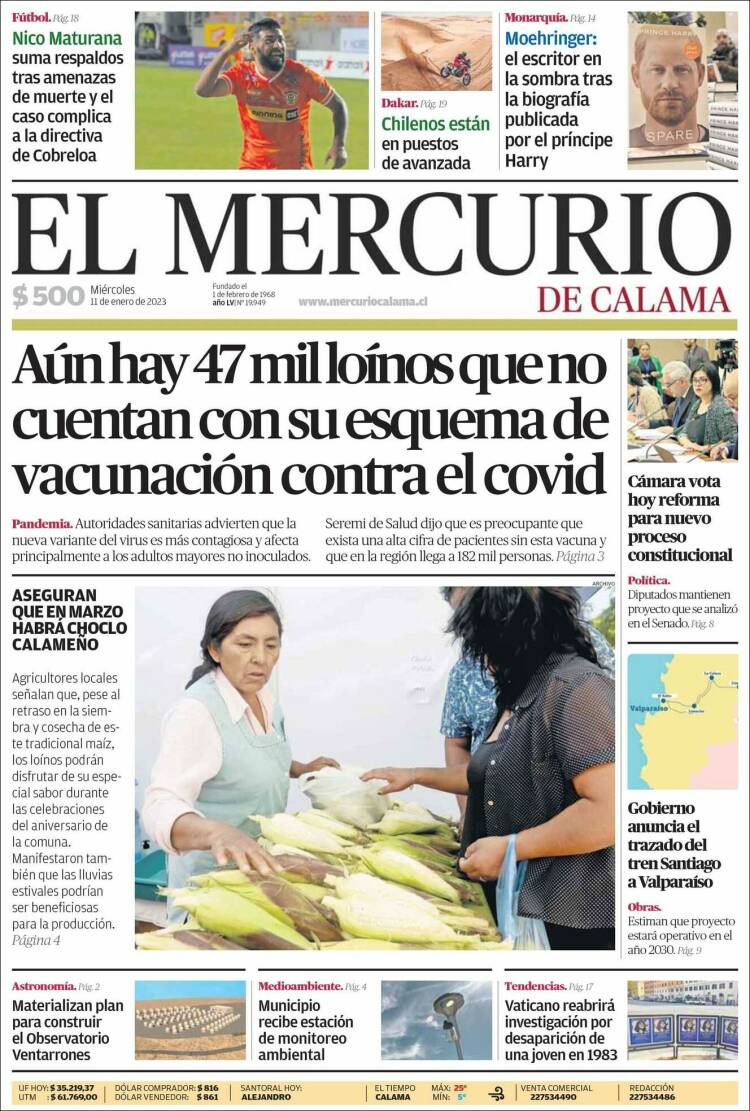 Portada de El Mercurio - Calama (Chile)