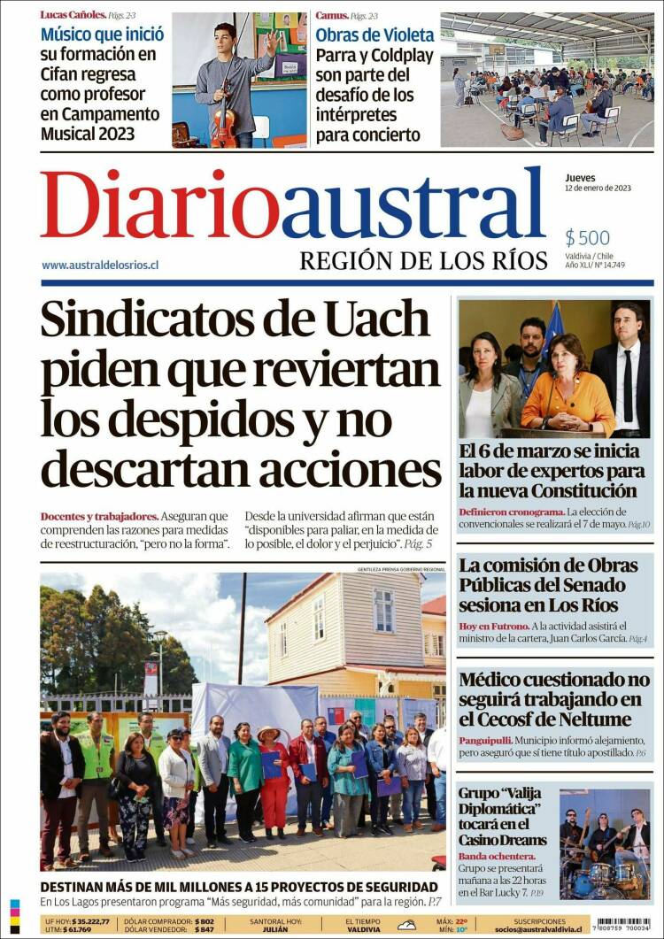 Portada de El Diario Austral de Valdivia (Chile)
