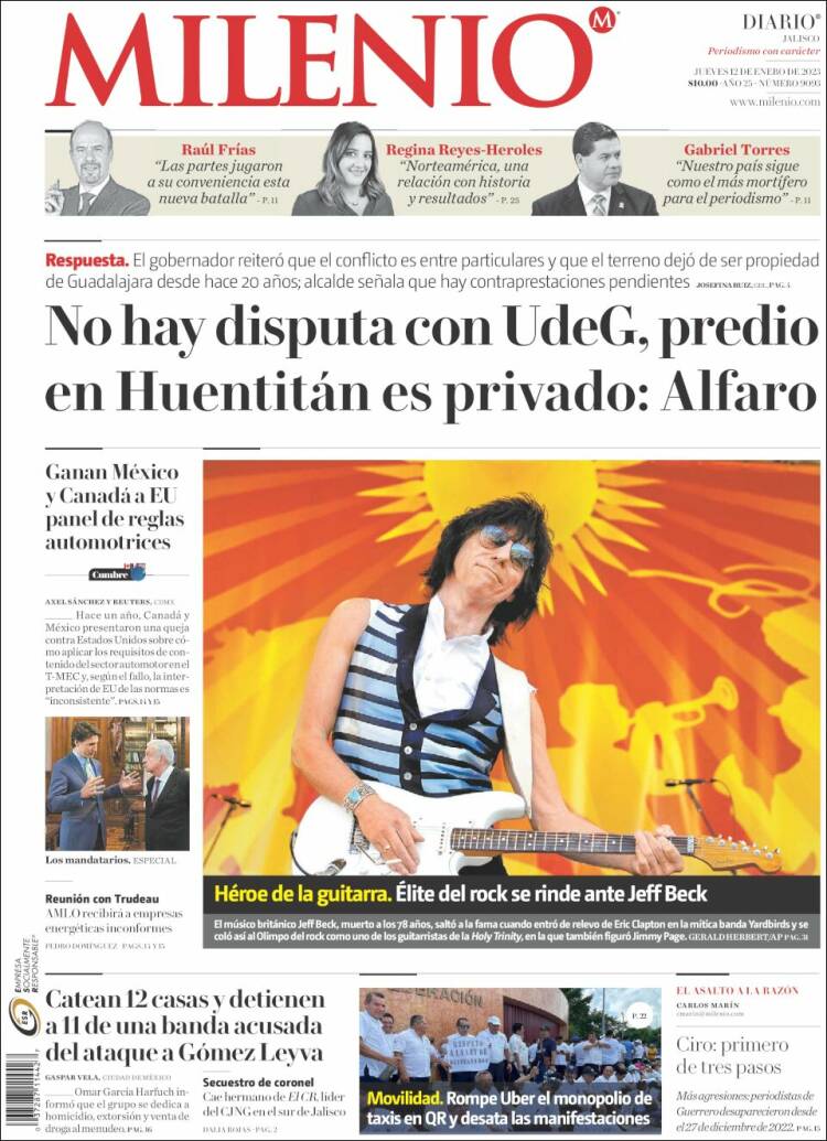 Portada de Milenio - Jalisco (México)