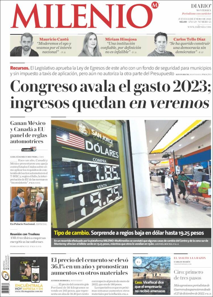 Portada de Milenio de Monterrey (México)