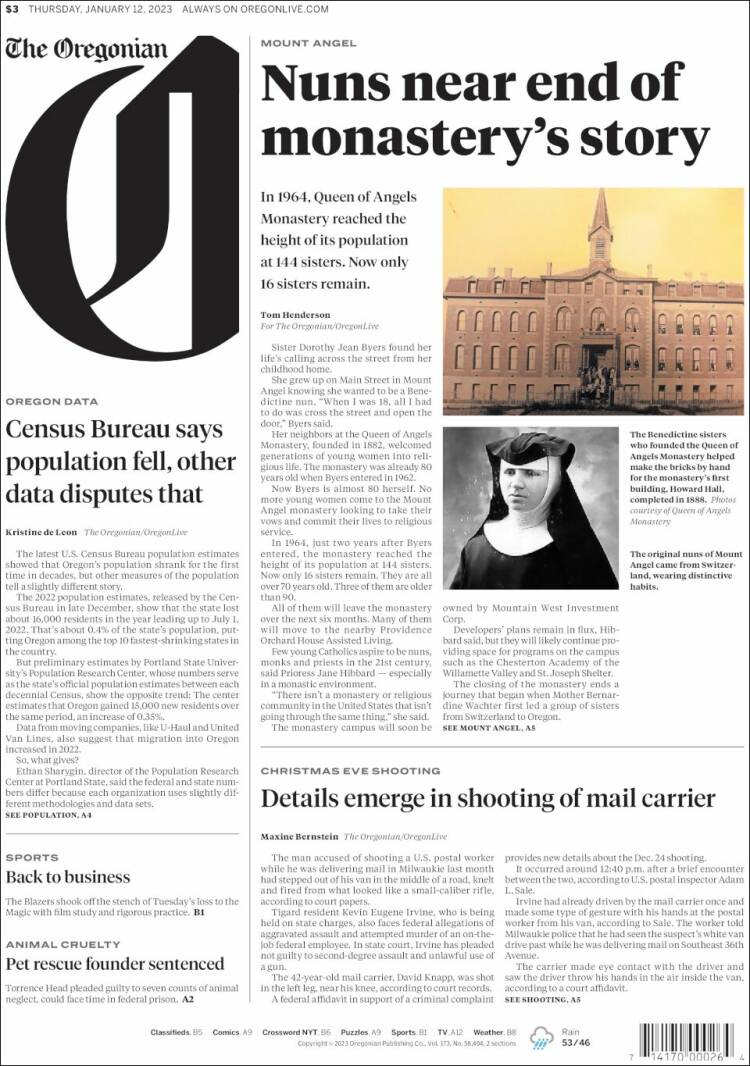 Portada de The Oregonian (USA)