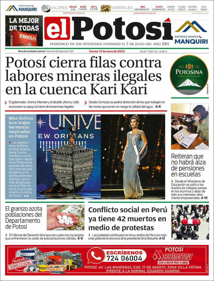 Portada de Diario de Potosí (Bolivia)