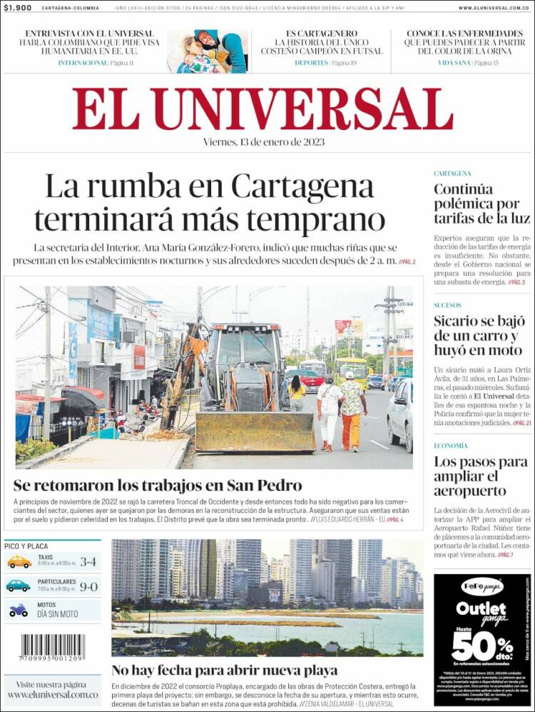 Portada de El Universal (Colombia)