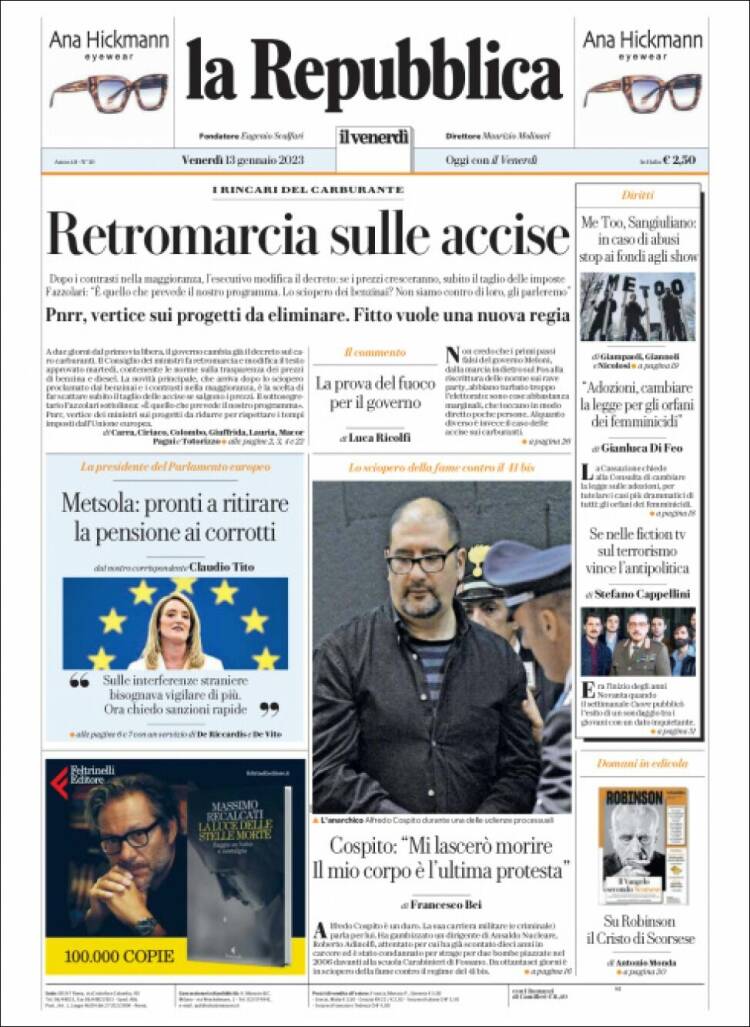 Portada de La Repubblica (Italy)