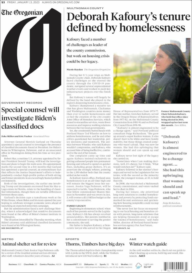 Portada de The Oregonian (USA)