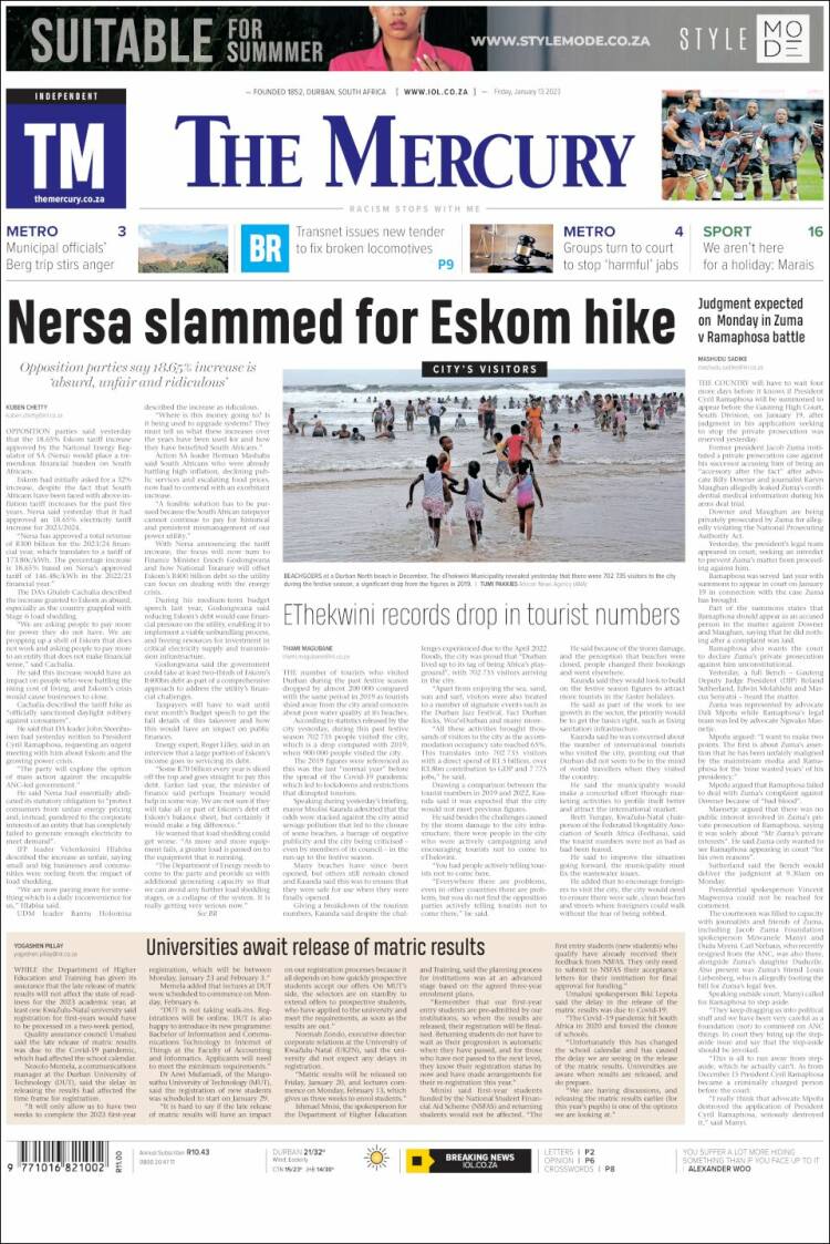 Portada de The Mercury (Sud&aacute;frica)