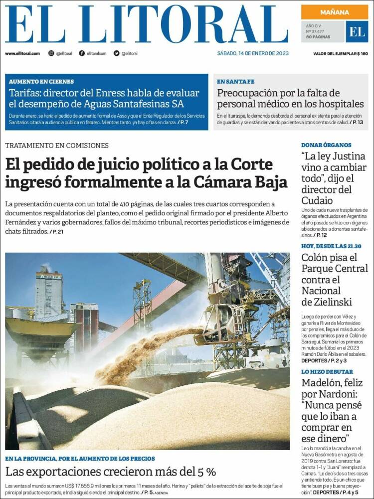 Portada de Diario El Litoral (Argentina)